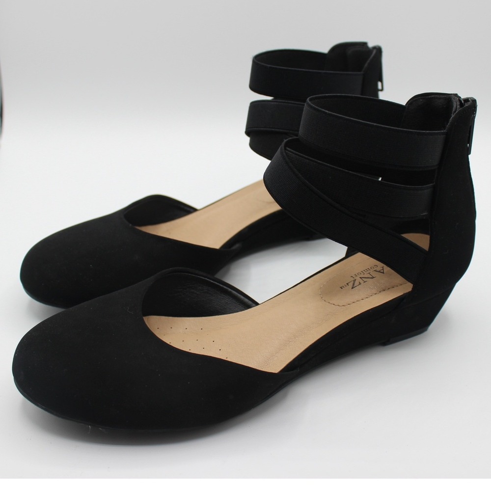 Solanz Comfort Womens Black Faux Suede Elastic Strap Low Wedge Sandals Zip Back